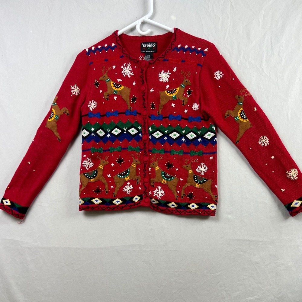 Designers Originals Studio Cardigan Womens P/S Christmas Sweater Red Reindeer